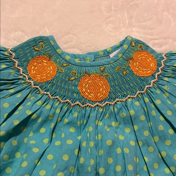 Smocked Auctions Smocked Pumpkin Polka Dot Long Bubble Romper 9 Months - Picture 2 of 5